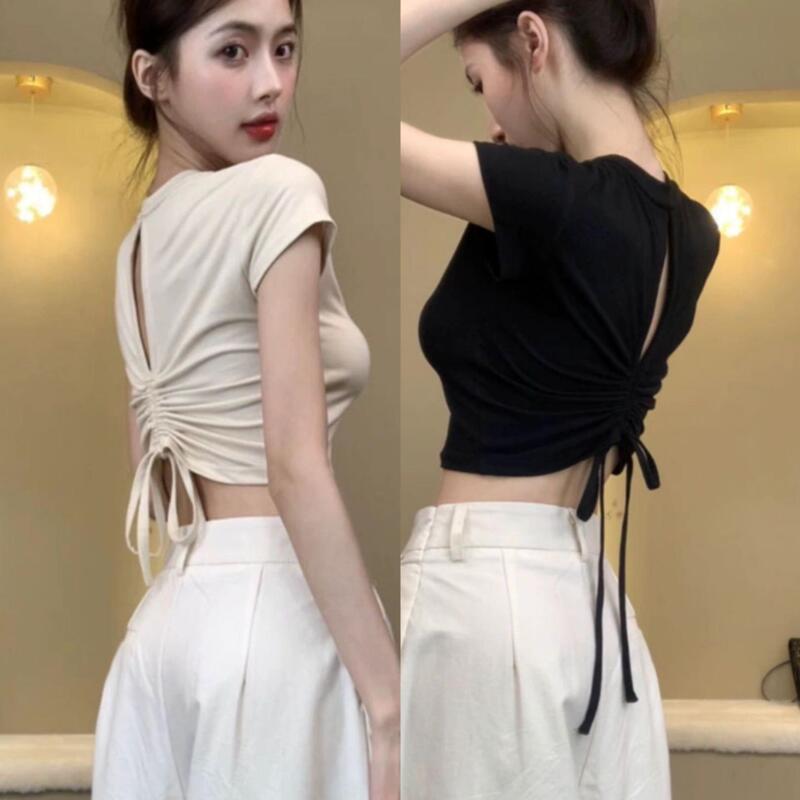 Pure Desire Hot Girl Short-Sleeve T-Shirt for Women, Summer Hot Item, Back Hollow Out, Pure Cotton, High-Waisted, Black Short Top