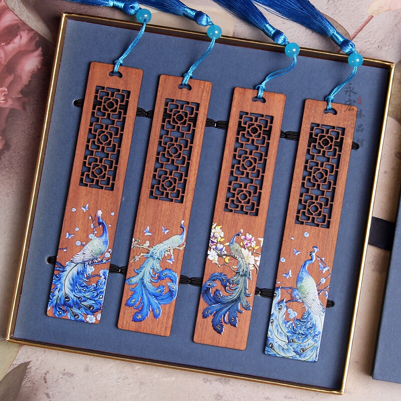 Painted Rosewood Peacock Bookmark with Hollow Window Frame Design, Elegant and Beautiful Peacock Bookmark, Noble Peacock Cultural and Creative Gift for Teacher or Girlfriend