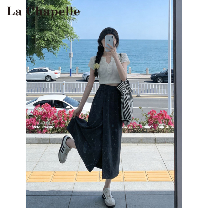 La Chapelle High-End Gray Ice Silk Thin Culottes for Women 2026 Spring/Summer High-Waisted Drapey Three-Quarter Wide-Leg Yamamoto Pants