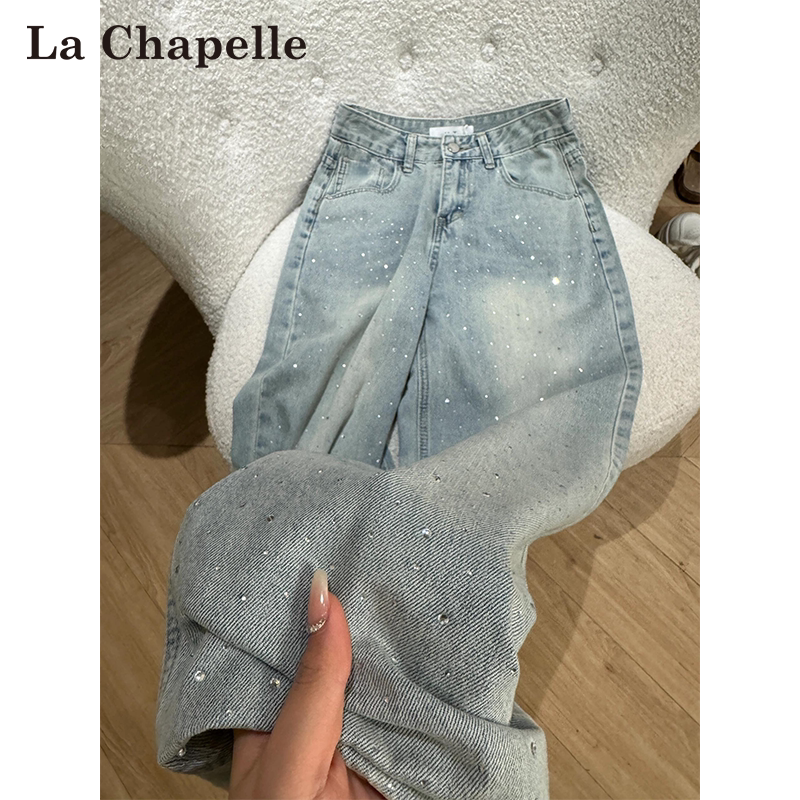 La Chapelle Star-Studded Rhinestone Jeans for Women, Spring and Autumn, Loose Straight-Leg with Rhinestones, Narrow Wide-Leg Pants
