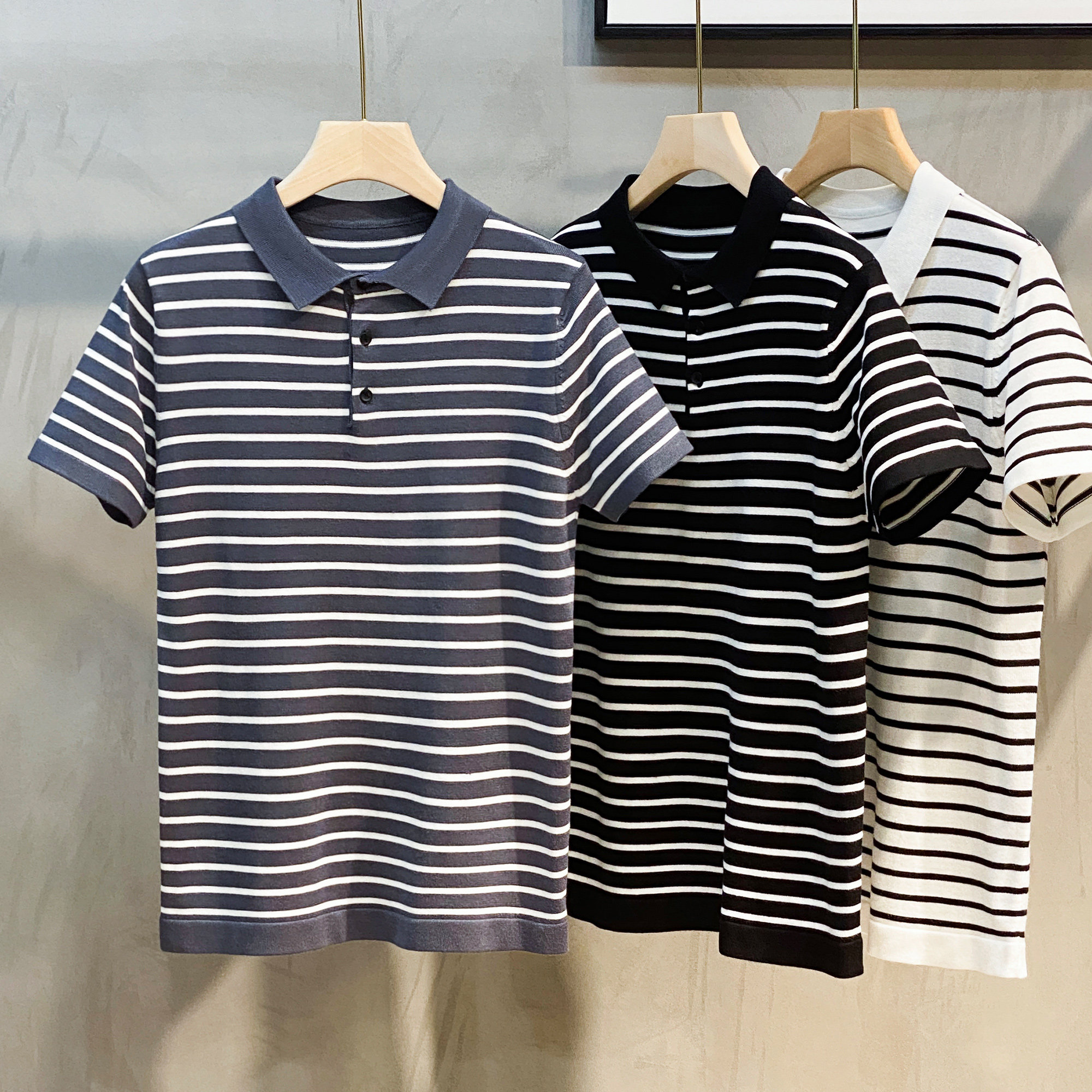 Ice silk new summer lapel short-sleeved t-shirt men's knitwear summer stripes all-match casual striped polo shirt