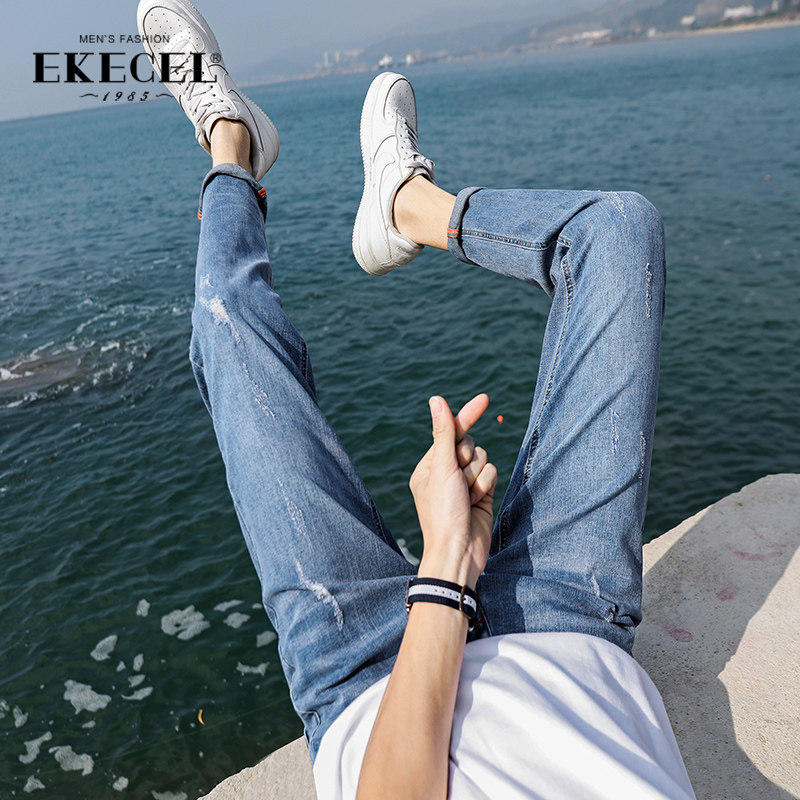 Men's jeans summer thin slim small feet stretch tide Pai Gow long pants Korean version of the trend 2021 spring and autumn