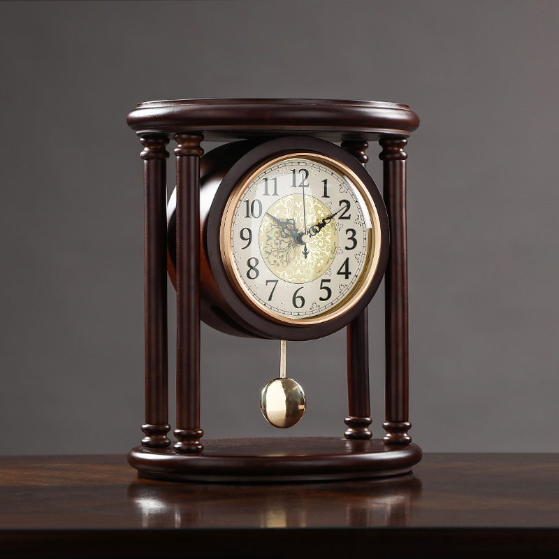 Table clock clock retro Chinese solid wood sitting clock home living room table pendulum pendulum fashion clock ornaments