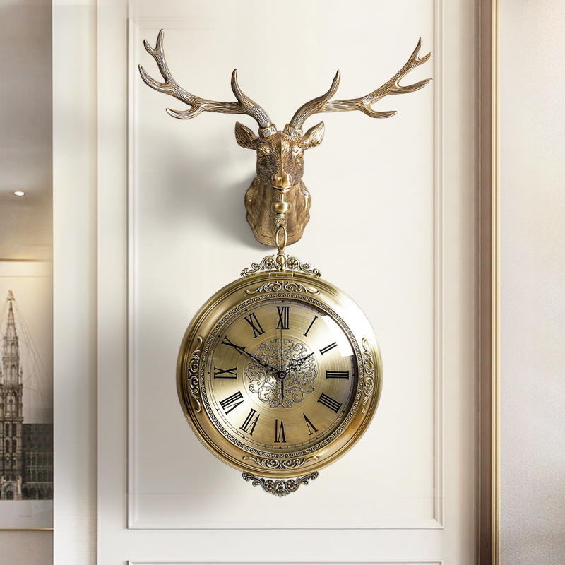 European style living room luxury double-sided wall clock creative deer head decorative clock Light luxury clock Home fashion art wall hanging