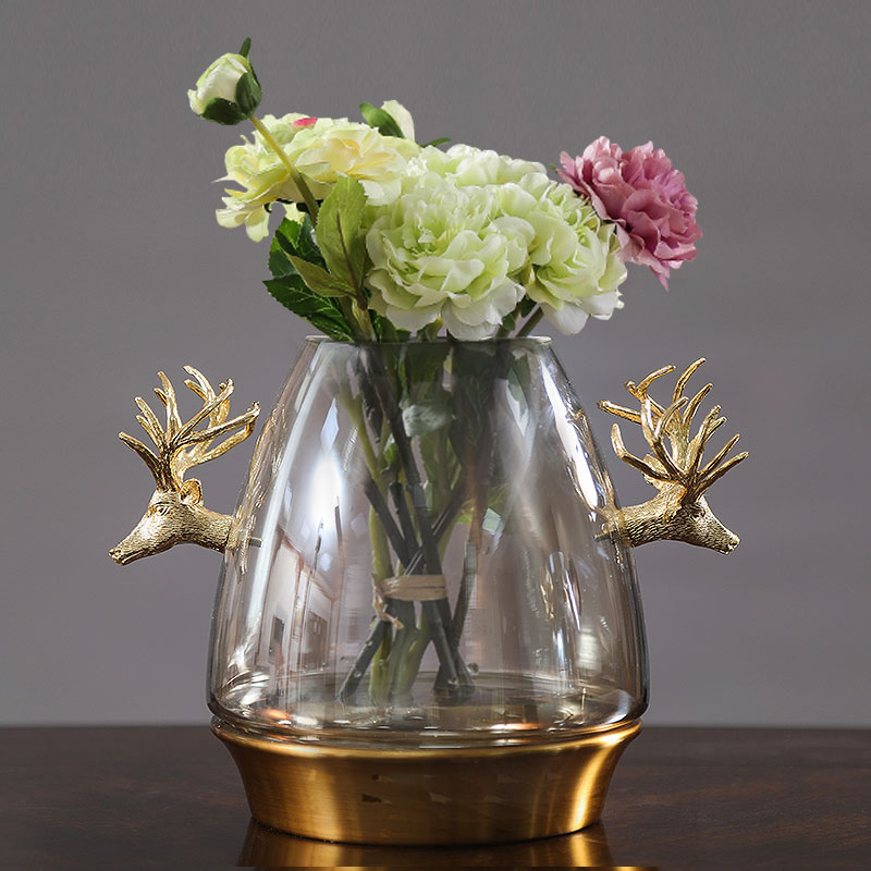 Eurostyle light extravagant vase swing piece dried flower flower arrangement transparent glass floral dining room table creative green plant deer head decoration