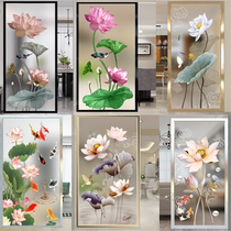 New Chinese-style art glass partition screen to block the entrance hall double-sided frosted decorative craft tempered lotus fish