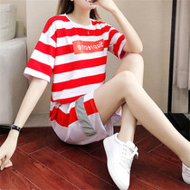 Hong Kong 2022 Summer New Striped Short Sleeve Sports Casual Suit Women Han Version Loose thin shorts Two sets