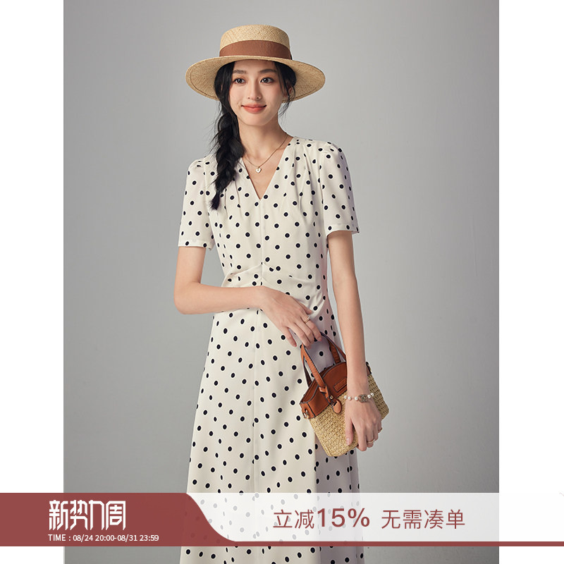 Weiyang Boutique's "Orlando" Resort-Style Hepburn-Inspired Little Black Dress, Polka Dot Dress, Women's Waist-Cinching Elegant Short-Sleeved Dress