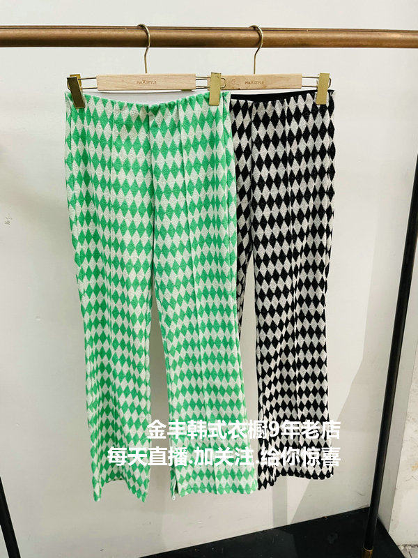 South Korea in straight tube mouth spot 2022 spring models new pull-chain side open fork micro-laser-colored plaid casual pants 18L
