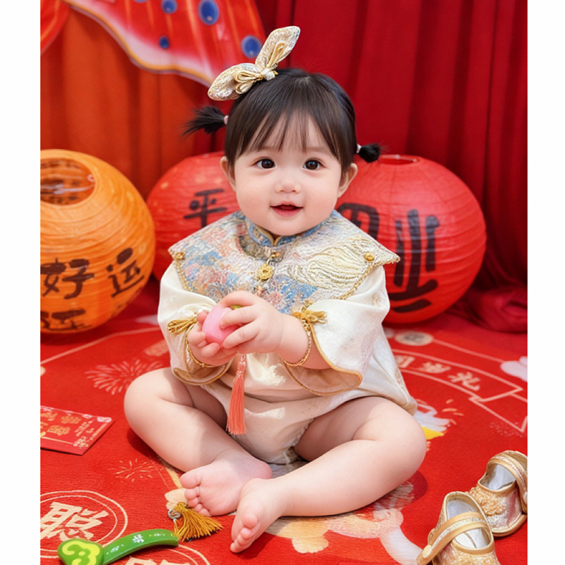 One-Year-Old Girl's Formal Dress 2026 New Style High-End First Birthday Traditional Chinese Tang Suit Baby Long-Sleeve Romper