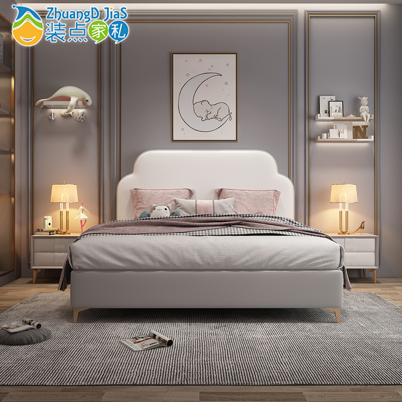Creative net red light luxury leather bed modern minimalist children's bed boy single princess bed girl dream girl bed