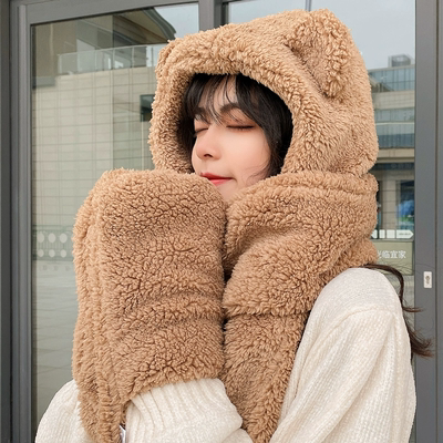 小熊帽子女秋冬季围巾一体百搭2024年可爱保暖连帽围脖毛绒三件套
