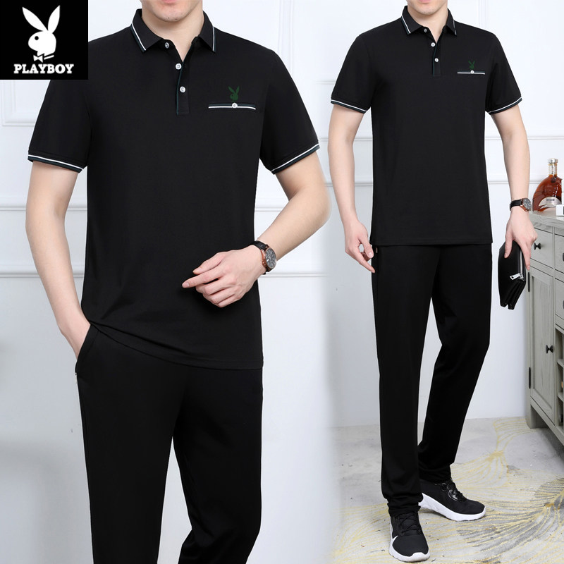 Playboy Ice Silk Cotton Sports Suit Men's Lapel Casual PLOT Shirt Cropped Pants Loose Short Sleeve Dad Suit