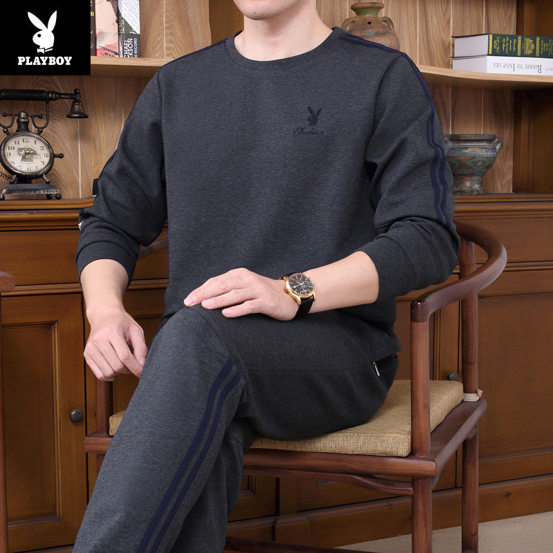 Floral Playboy Spring autumn necropolis Men's round collar Leisure pure cotton sports suit for young fat children Large size size Long sleeves T-shirt