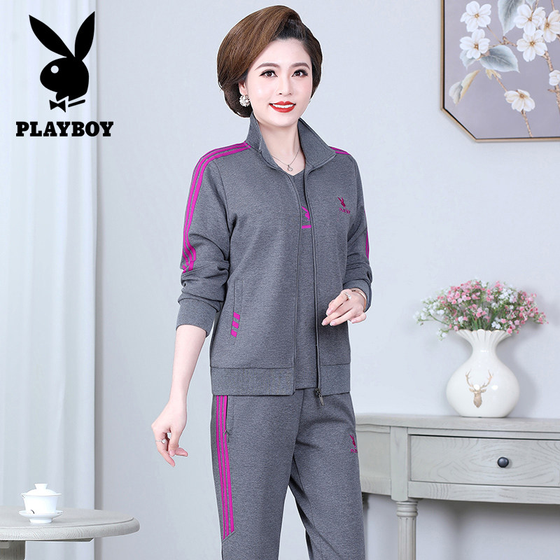 Flower Playboy sports suit women's spring and autumn cash cotton necropstick with large size and three bars casual mother clothes