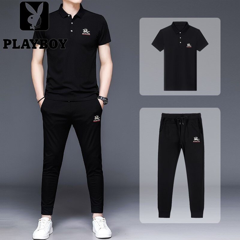 Floral Playboy Short Sleeve Sportswear Suit Men's Summer Thin black T-shirt Long pants Two sets of young summer clothes