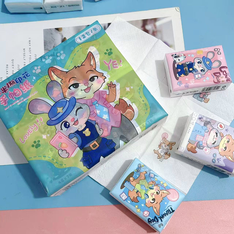 12 Packs of Printed Handkerchief Paper with Fox and Rabbit Designs, Portable Small Packs of Facial Tissue, Toilet Paper, and Napkins for Students