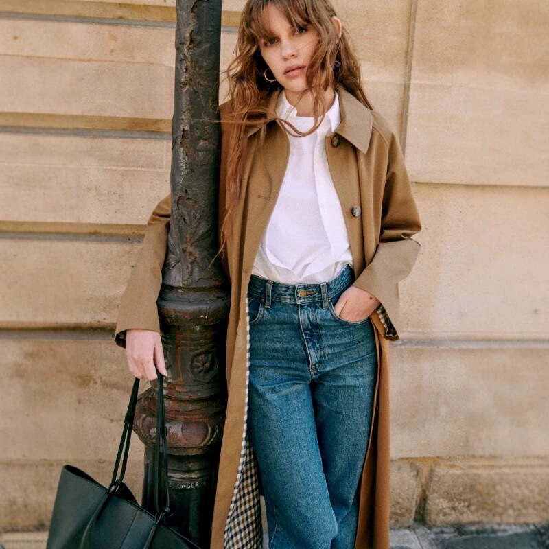 Sezane Style French Long Trench Coat with Raglan Lapel, Color-Blocked Plaid Single-Breasted Loose Coat for Women