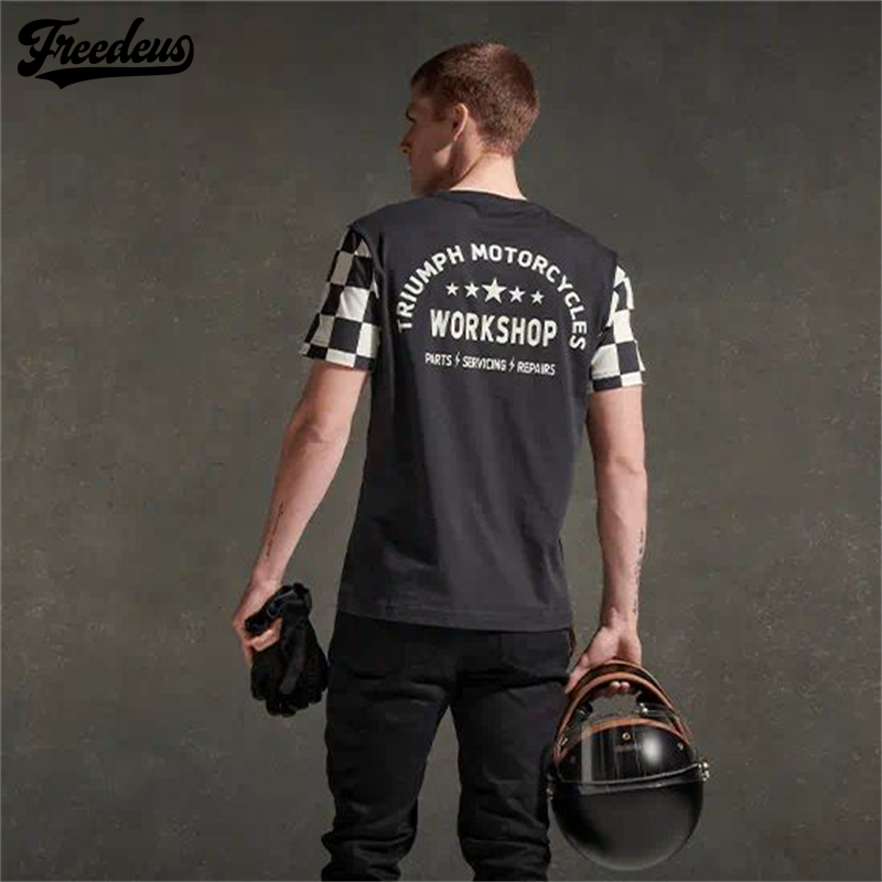 New retro Triumph Triumph Motorcycle short sleeve speed dry cross-country riding with black and white chessboard plaid T-shirt man-Taobao