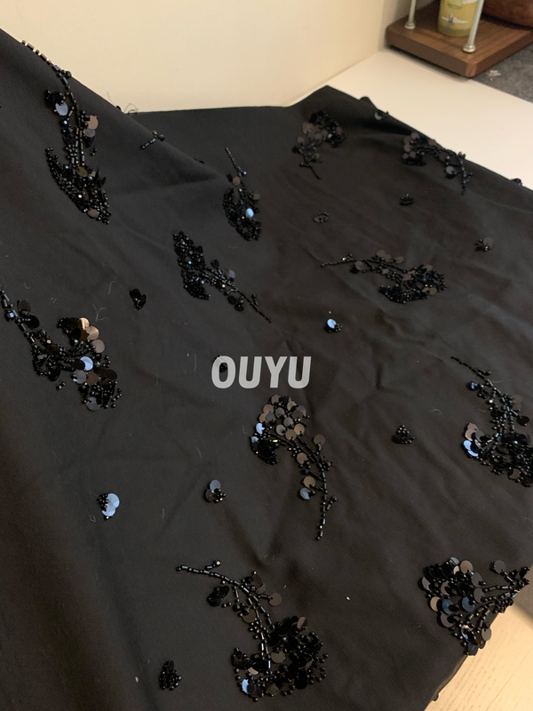 Encountered by Chance: Haute Couture•26 Early Spring Collection Black Three-Dimensional Heavy Beading Sequin Flower Rhinestone Embellished Dress Fabric