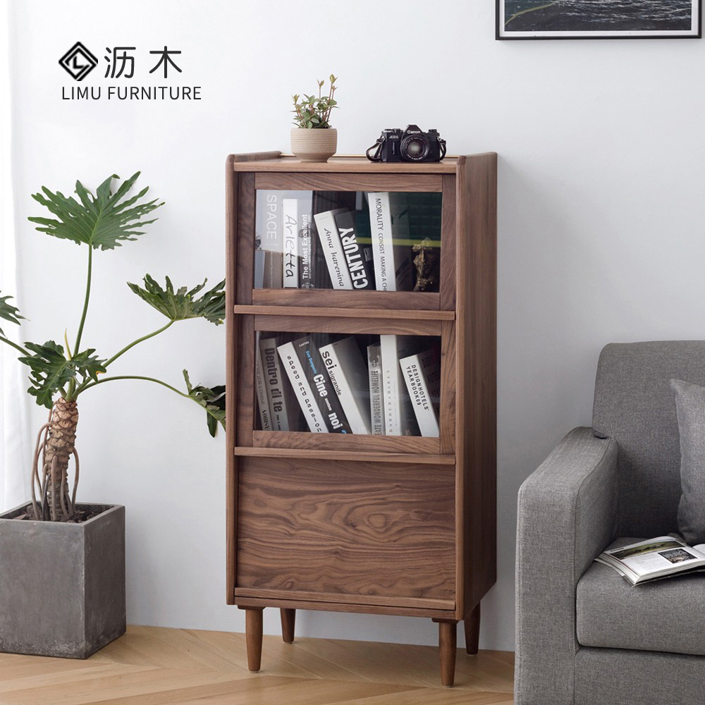Nordic Restaurant Solid Wood Living Room Combined Bookcase Black Wanut Linen Cabinet Cabinet