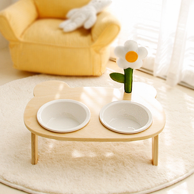 Creative Little Bear Woody High Foot Inclined Neck Protection Neck Cute Flower Tree Ceramic Kitty Dog Food Bowl High Face Value Pet Supplies