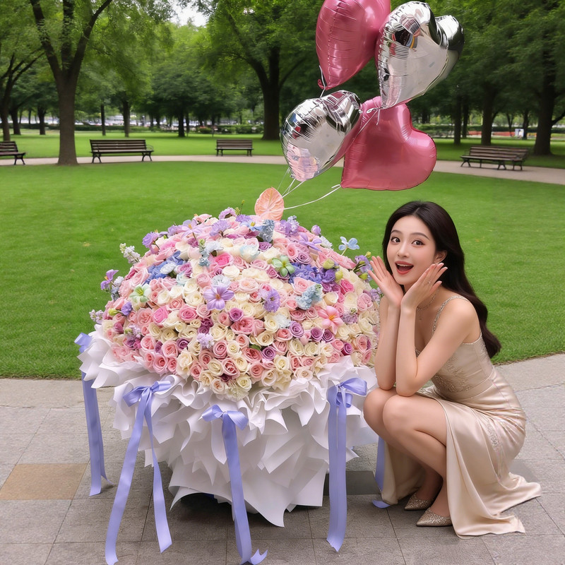 Order a Proposal Bouquet of 999 Red Roses, 199 Fresh Dopamine Flowers, and 520 Flowers for Delivery in Shenzhen, Guangzhou, Chengdu, and Shanghai