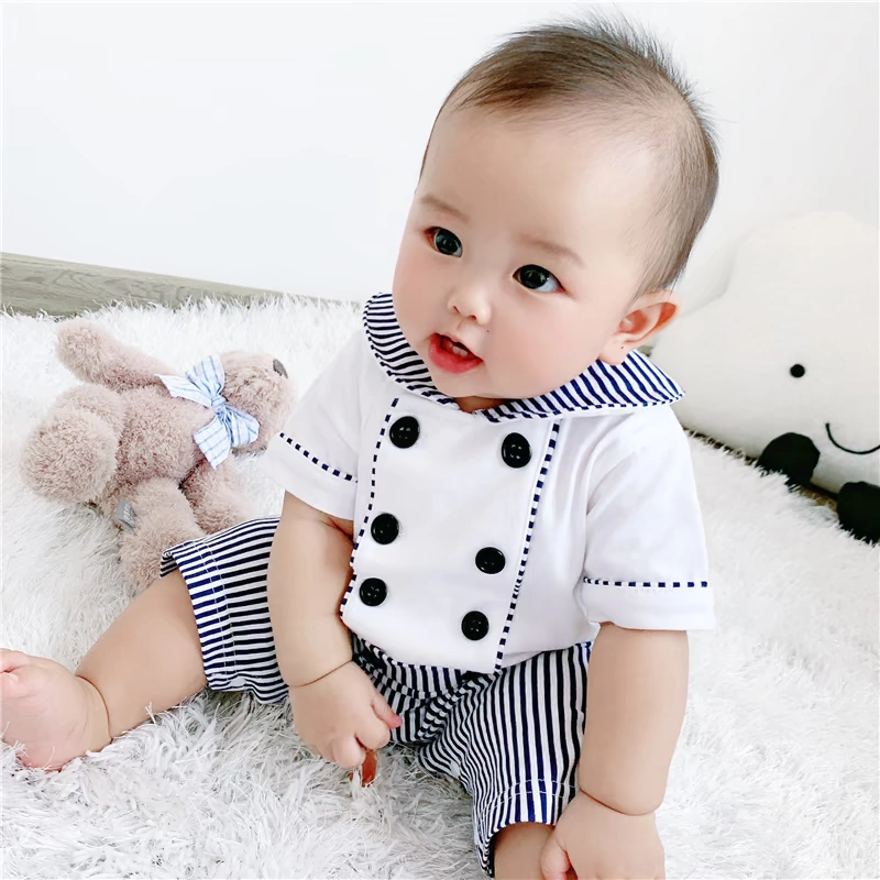 Ba bông hoa nhỏ trẻ sơ sinh bé trai mùa hè cotton hai ngực sọc hải quân romper romper jumpsuit - Áo liền quần