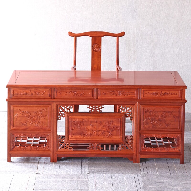 Chinese-Style Solid Wood Desk, Antique Carved Office Desk and Chair Set, Writing Desk with Multiple Drawers, Storage Table, Traditional Chinese Medicine Diagnosis Table