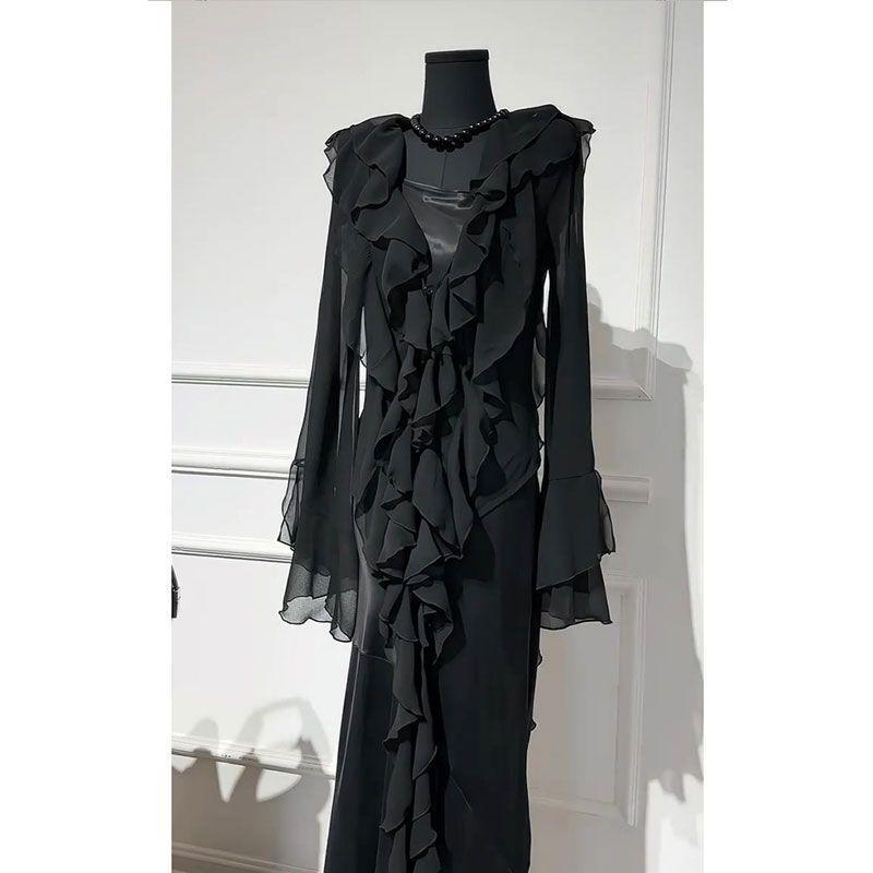 New High-End Exquisite Black Dress with a Draping Effect for Women, Elegant and Stylish, Irregular Chiffon Long Dress