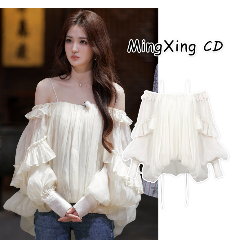 Xu Lu's Same Style One-Shoulder Shirt for Women, with a High-End Design, Unique and Beautiful Ruffled Off-Shoulder Halter Top Xu Lu's Same Style One-Shoulder Shirt for Women, with a High-End Design, Unique and Beautiful Ruffled Off-Shoulder Halter Top