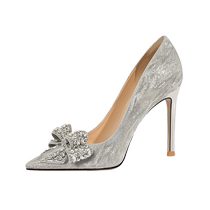 Lily Wei silver wedding shoes niche high-end rhinestone bow goddess style high heels small size 313233