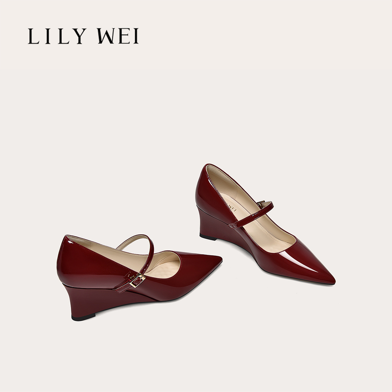 Lily Wei【Qiangguang】French-Style Mary Jane Pointed Toe Wedge High Heels, Fashionable Burgundy Shoes for Commuting