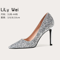 Lily Wei spring small code high heel 313233 sequin big code single shoe woman 40 fine heel tip 41 nightclub 42 43