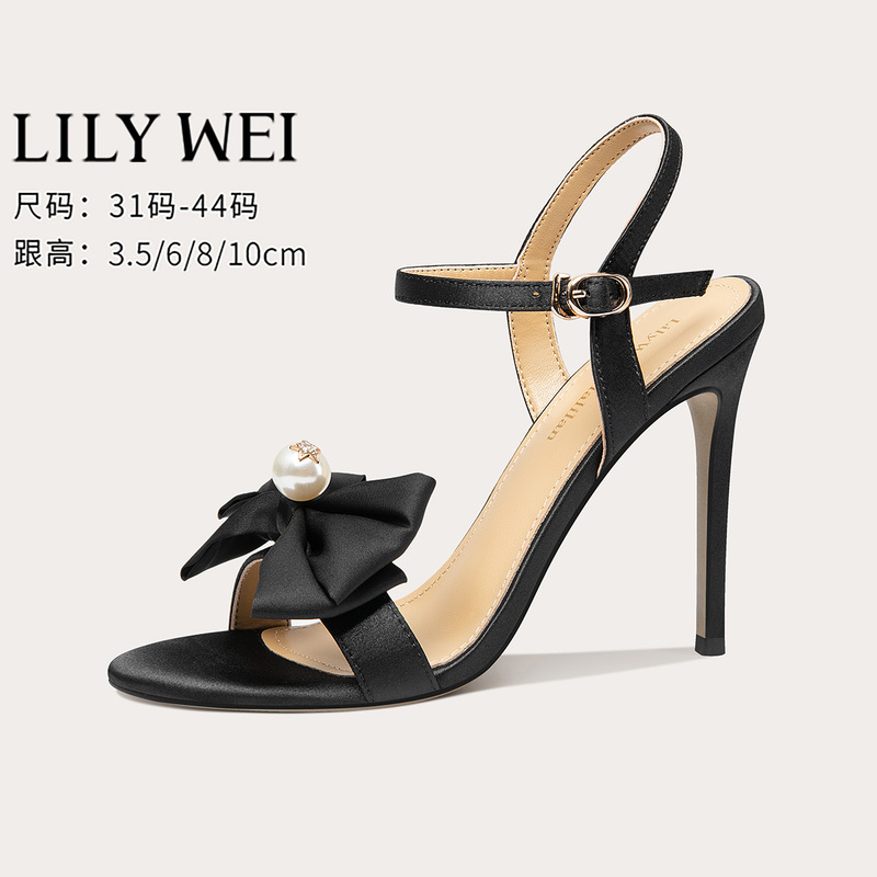 Lilywei【Jasmine】Black Hepburn-Style Bow High-Heeled Shoes with Open-Toe Strap Sandals, Large Sizes 41-43