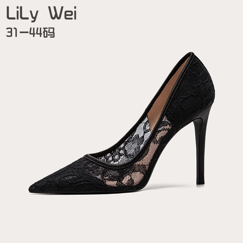 Lily Wei summer small size high heels 313233 wedding shoes stiletto large size women's shoes 40 pointed toe 41 lace shoes 43