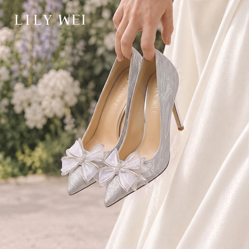 Lily Wei【Heart-Pounding】High-Heeled Wedding Shoes Silver Bridal Wedding Dress Shoes Women's Shoes French Bow Lily Wei【Heart-Pounding】High-Heeled Wedding Shoes Silver Bridal Wedding Dress Shoes Women's Shoes French Bow