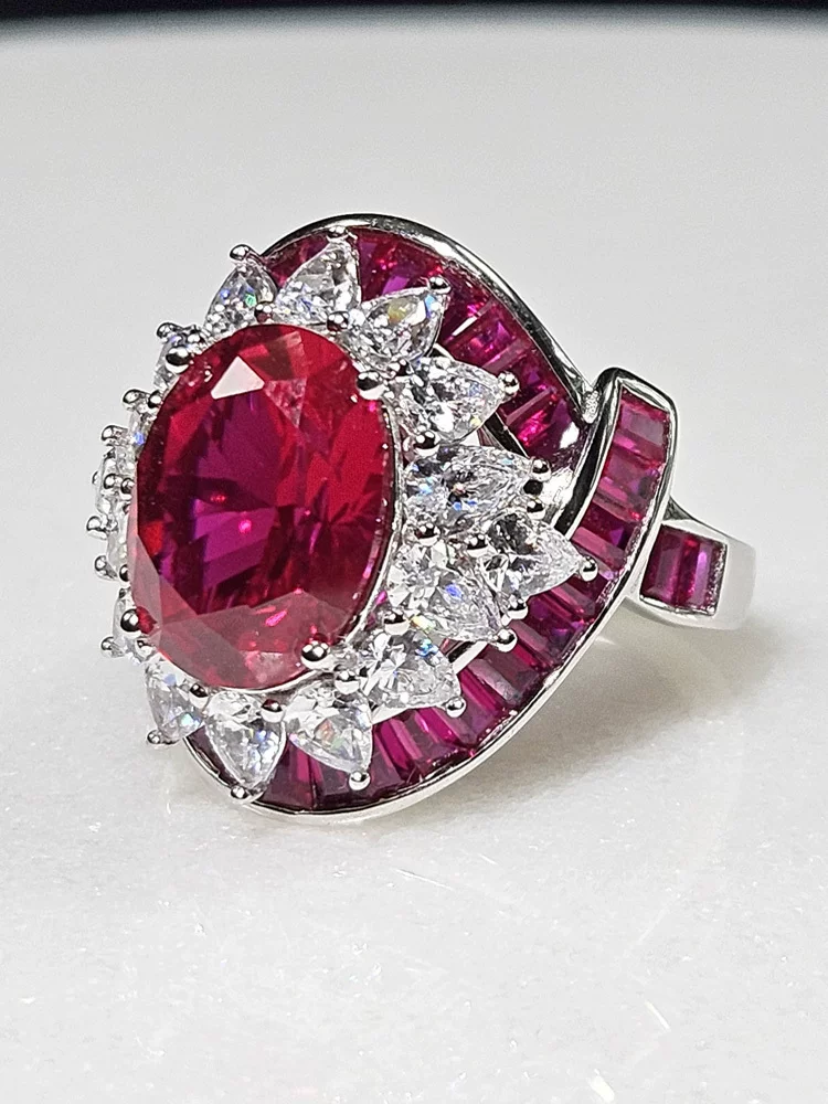 Design ruby wedding ring, platinum jewelry, 8 carat, silver 925 sample