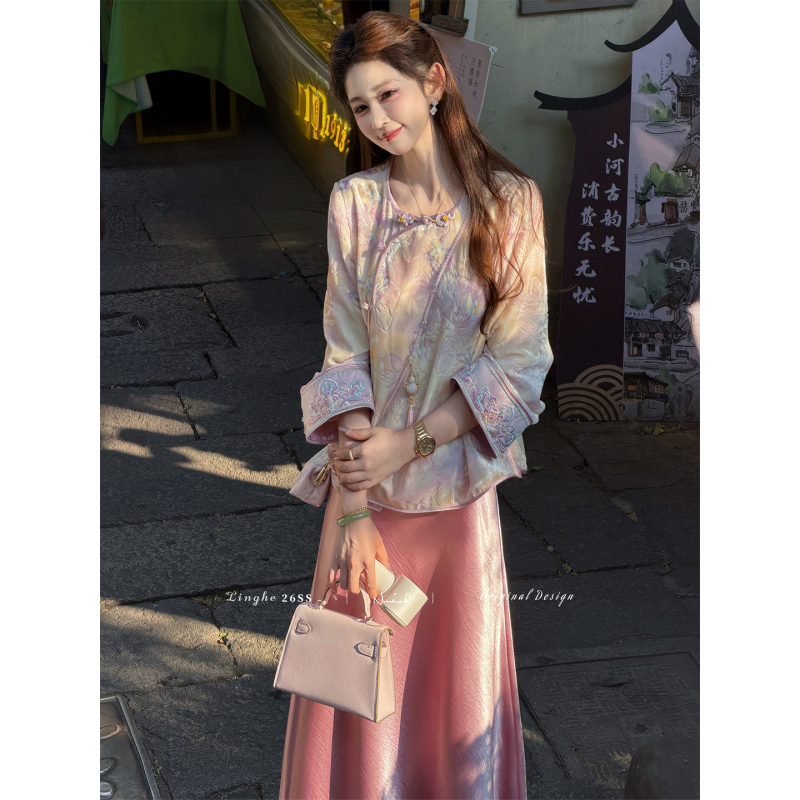 Tinghe【Forbidden City】New Chinese-Style Rayon Velvet Floral Shirt and Satin Skirt Women's Early Autumn National Style Suit