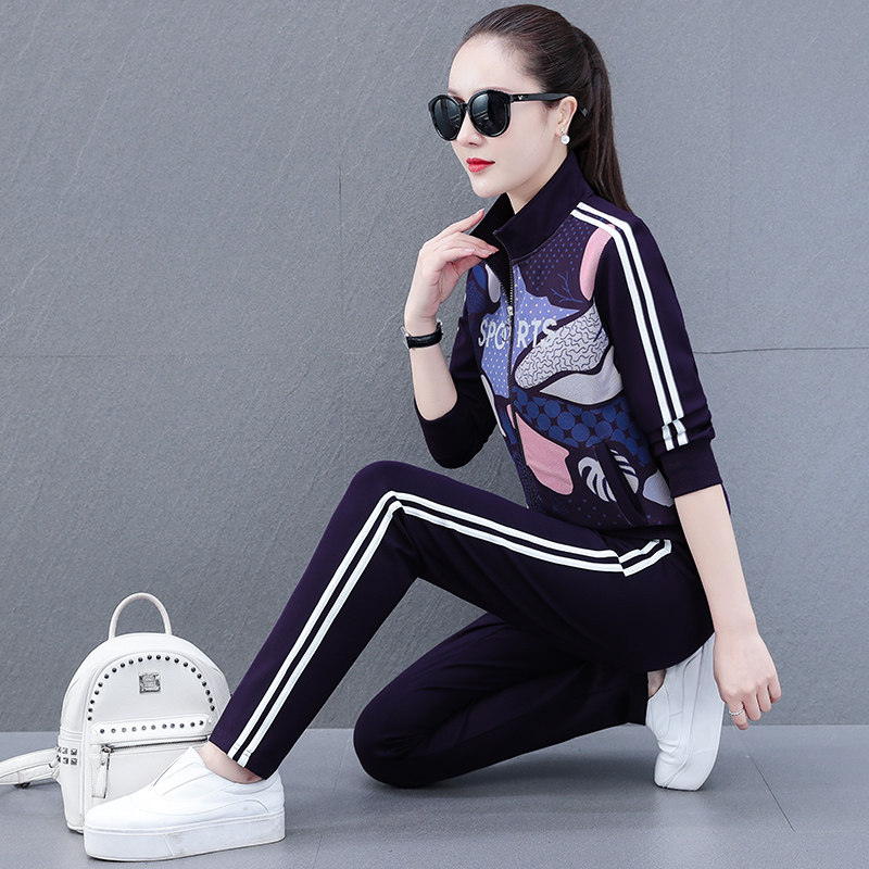 BBQ sweater suit women's spring autumn 2022 new fashion round neckline thick cotton T printed casual sports wear slim two pieces