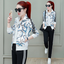 BBQ color sportswear suit womens spring and autumn 2019 new three-piece fashion trend Korean version of the printed casual sweater