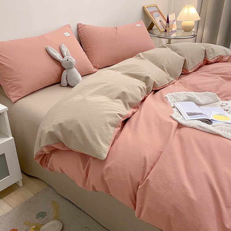 Light luxury pure cotton four-piece summer 100 cotton washed cotton sheets, quilt cover, bed linen, simple style bedding 4