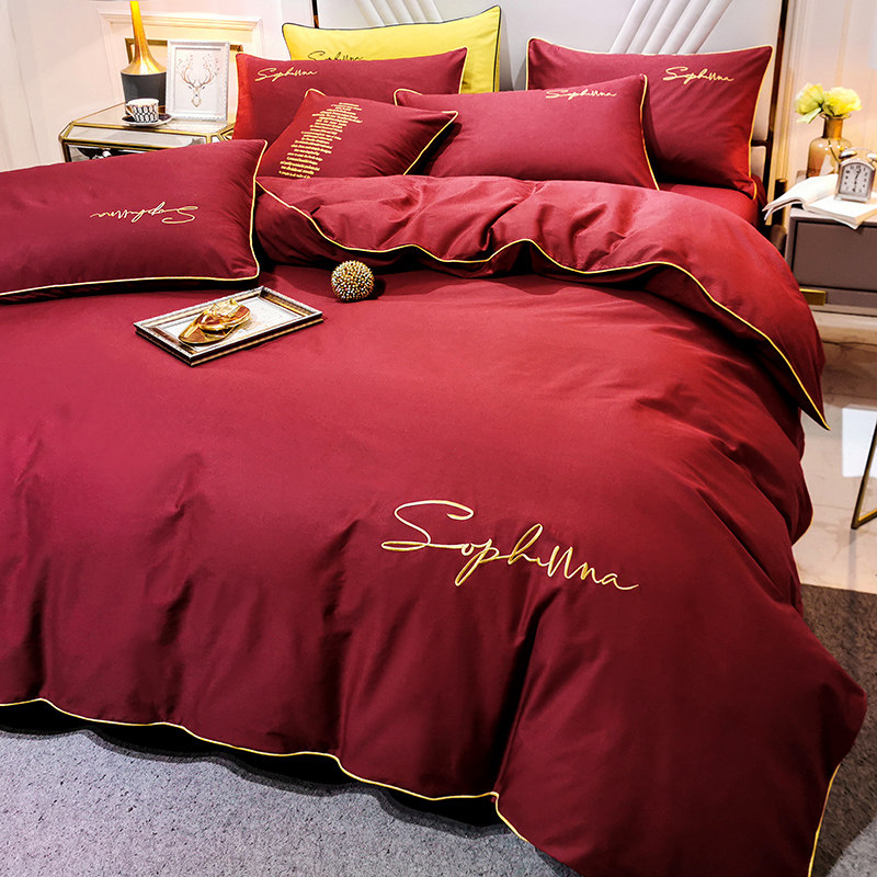 Long suede cotton beds 4 pieces of covered pure cotton all-cotton light extravagant advanced senses sheets This life red quilt cover bed Hat Bed