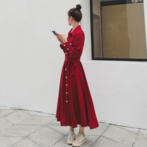 Red skirt women autumn 2021 New French slim long sleeve shirt dress Super fairy temperament long skirt