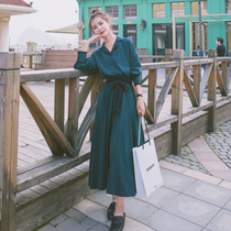 French thin dark green shirt dress womens early autumn dress 2021 new long waist temperament retro long skirt