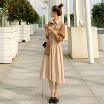 French skinny shirt dress female design sense niche 2021 autumn new waist temperament contrast color Medium-length dress