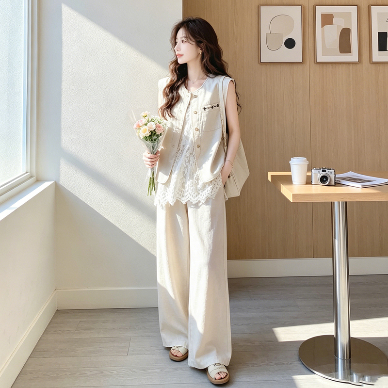 Off-White Casual Vest with Lace and Wide-Leg Pants Set for Women, New Summer Style, High-End Fashion Three-Piece Set