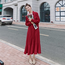 Red French skinny fishtail shirt dress autumn 2020 new womens super long temperament waist long skirt