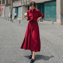 Red skirt spring and autumn 2021 new womens French long waist shirt dress temperament retro long skirt