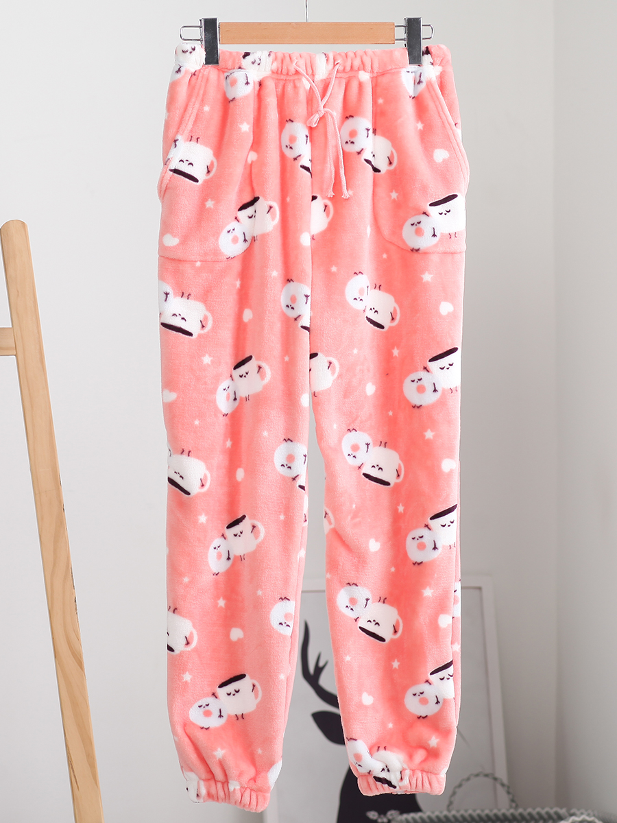 Quần pyjama mới flannel nữ mùa đông lỏng dễ thương phim hoạt hình sinh viên trẻ kích thước lớn đóng miệng san hô lông cừu nhà quần quan lot nam